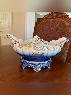 Rococo-style Cobalt Blue, White & Gold Footed Porcelain Centerpiece Fruit Bowl